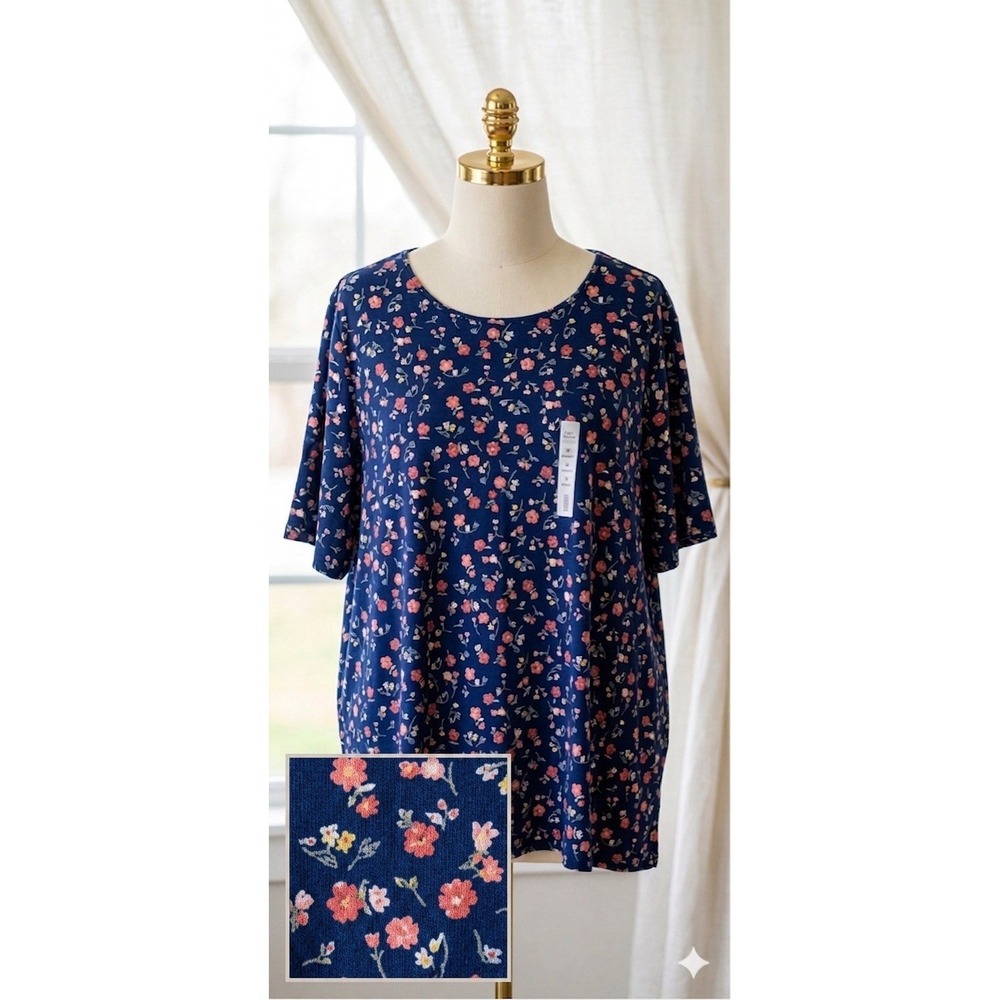 New Croft & Barrow Classic Tee Top Crew Neck 100% Cotton Navy Blue Floral 5x